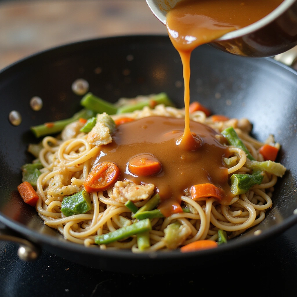 Simple Chinese Egg Noodle Stir Fry Full of Flavor 6 Simple Chinese Egg Noodle Stir Fry Full of Flavor - Step 6: Pour the Sauce