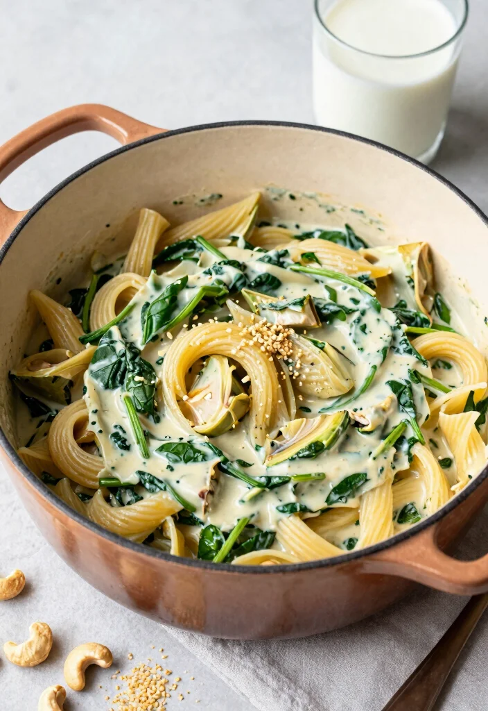 10 Vegan Dutch Oven Recipes for Hearty Plant Based Cooking - 2. Creamy Spinach and Artichoke Pasta 1