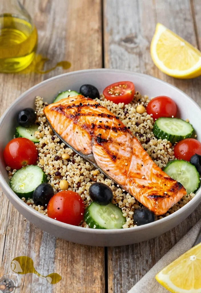 12 Healthy Pescatarian Recipes for Light Protein Rich Meals 12 12 Healthy Pescatarian Recipes for Light Protein Rich Meals - 2. Mediterranean Quinoa Salad with Grilled Salmon 1